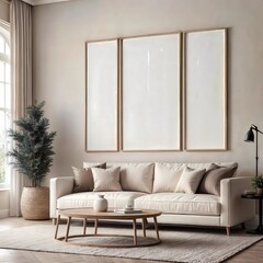 Mockup poster frame on the wall of living room with sofa and table on empty white wall background- 3D