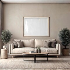 Mockup poster frame on the wall of living room with sofa and table on empty white wall background- 3D