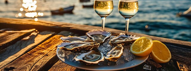 Oysters glasses with wine on the seashore. Selective focus.