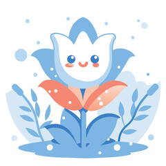 Cute Cartoon Flower with Blue Petals and Orange Stamens