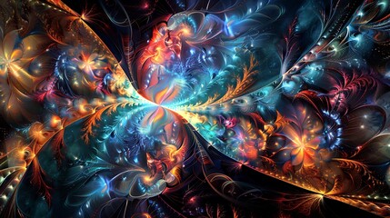 Obraz premium Mesmerizing Symmetry: Captivating Digital Fractal Artwork Revealing the Harmonious Beauty of Mathematical Complexity and Technological Innovation in Stunning Visuals.