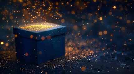 Blue box with magic golden light on dark, generative AI