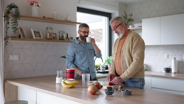 Senior father and mature son making fruit smoothie as snack, having fun in kitchen.