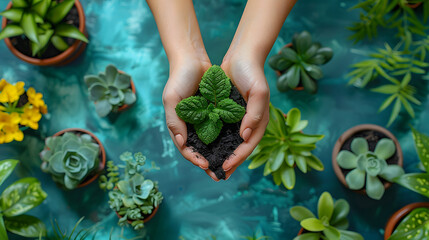 Hands gently holding a young seedling with soil, surrounded by various potted plants on a vibrant surface