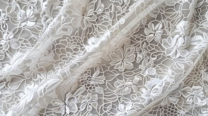 Intricate White Lace Fabric Texture, Delicate Floral Embroidery, Ideal for Fashion Design, Home Decor, and Wedding Dress Material