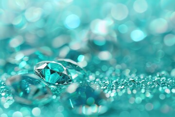 Sparkling diamonds on a turquoise bokeh background.
