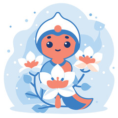 Cartoon Character with Flowers in a Blue and White Landscape