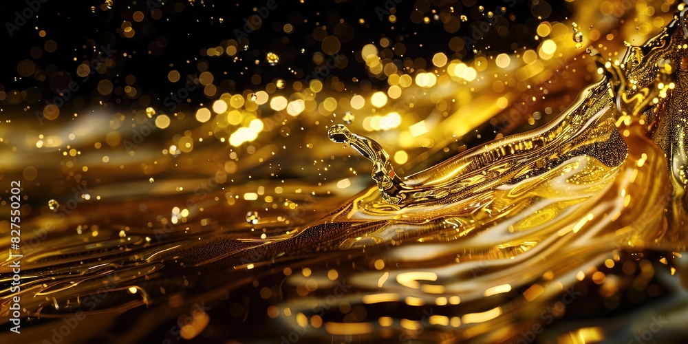 Poster golden fluid waves with sparkling particles on a dark backdrop.