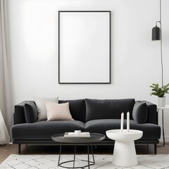 Frame mockup, ISO A paper size. Living room poster mockup. Modern interior design. Living room Interior mockup with house background. 3D render