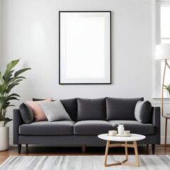 Frame mockup, ISO A paper size. Living room poster mockup. Modern interior design. Living room Interior mockup with house background. 3D render