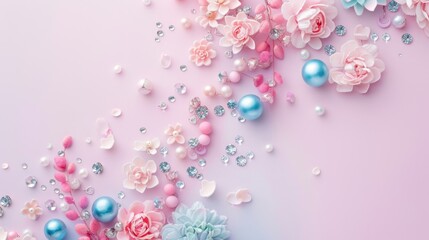 A pink and blue flowery background with a blue ball in the middle