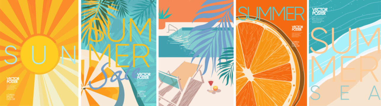 Summer, sun and sale. Vector minimalistic illustration of sun rays, swimming pool with sun lounger and umbrella and tropical palm leaf, orange and sea beach with sand for background, flyer, poster or 