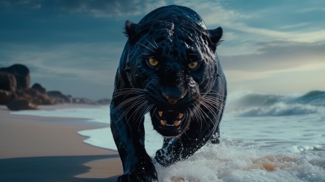 black pather running in the water looking at the viewer.