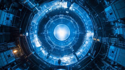 A nuclear fusion reactor experiment, replicating the suns energy process, with plasma confinement and magnetic fields, in a high-tech, futuristic lab setting. --ar 16:9 --style raw