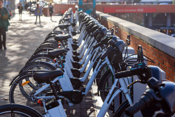 Row of bikes for rent in the big city