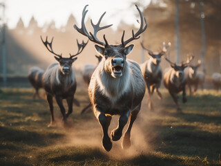 Reindeers dash through Latvian fields, with lush greenery as backdrop