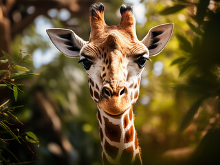 Portrait of giraffe amidst verdant foliage