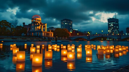 Naklejka premium Tranquil Candlelight Vigil on Riverside Cityscape at Dusk