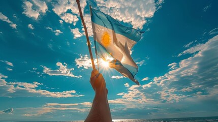 Argentina Independence Day. Hand with waving country flag against blue sky with clouds