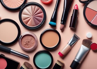 An exquisite collection of everyday cosmetics elegantly laid out on a dressing table. The assortment, featuring lipsticks, brushes, and nail polish.