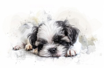 Adorable Shih Tzu puppy sleeping peacefully on white background, capturing a cute moment with watercolor effect.