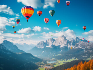 Fototapeta premium Colorful balloons soar above mountains against a backdrop of blue sky