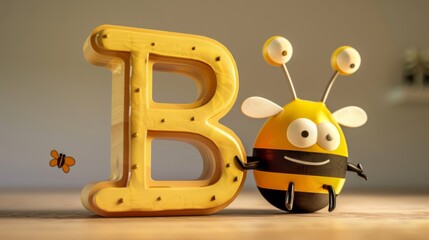 A yellow letter B is surrounded by a yellow bee