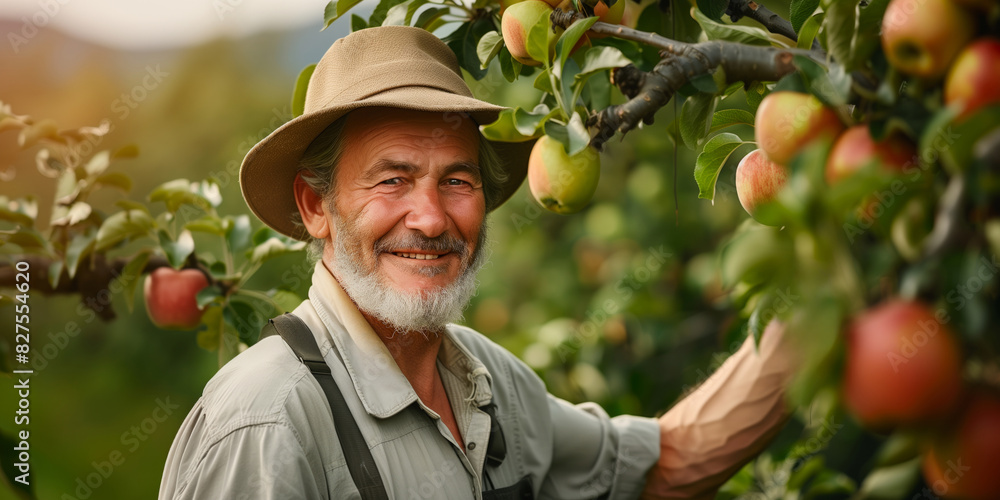 Poster a man in a hat is picking apples from a tree. he is smiling and he is enjoying himself