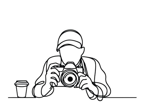 recommend clip art: World Photography Day. a photographer with a camera and a one line art hand drawing concept.