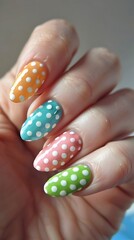Vibrant Retro Polka Dot Nail Art Design with Playful Color Palette