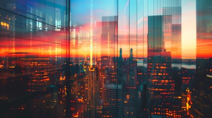 Obraz premium Cityscape at sunset, skyline, highrise buildings, urban landscape, modern architecture close up, focus on, copy space, vibrant hues, Double exposure silhouette with city skyline