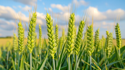 Obraz premium A field of green wheat with a blue sky in the background. green wheats in field who is growing without any tares