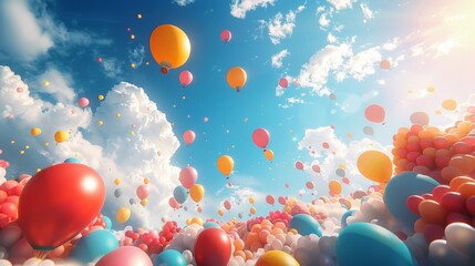 Portray a balloon field during a festival, with balloons of various shapes and colors filling the sky. Use a minimalist approach with clean lines and bright, cheerful colors to evoke a sense of joy