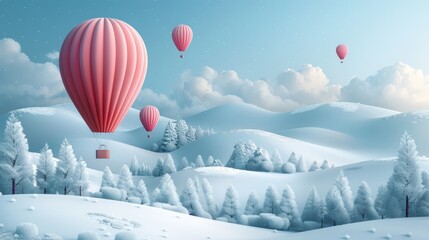 Fototapeta premium Create a winter balloon field scene, with balloons floating above a snowy landscape. Use a minimalist approach with cool colors and simple shapes to create a serene and tranquil image.