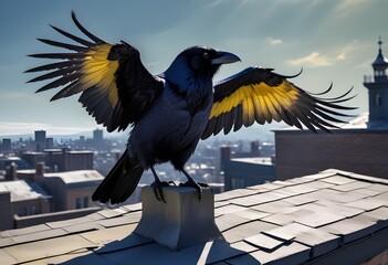 Naklejka premium Fantasy a raven perched on the edge of a rooftop I