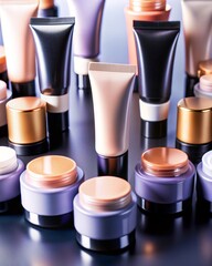 A captivating display of facial skincare products at a cosmetics store. The stand, filled with an array of bottles and jars, offers a multitude of choices for skin health and beauty.