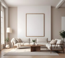 Frame mockup, ISO A paper size. Living room poster mockup. Modern interior design. Living room Interior mockup with house background. 3D render