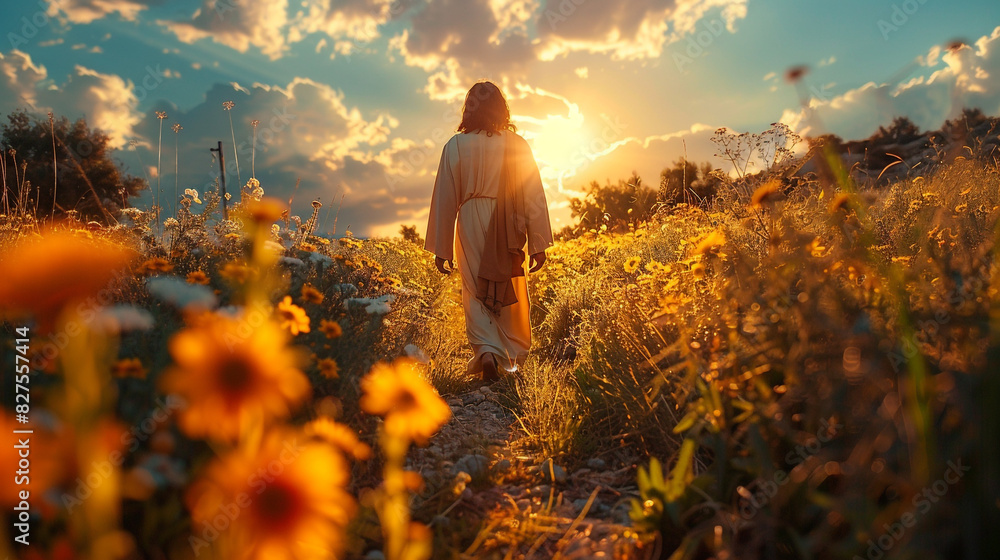 Wall mural christ goes to preach in the jewish cities. men walk through a meadow landscape. bible times