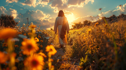 Christ goes to preach in the Jewish cities. Men walk through a meadow landscape. Bible times