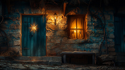 Christmas illustration: house doors and the star of Bethlehem, Bethlehem night. For Christmas Christian publications