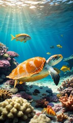 A sea turtle gracefully swimming among vibrant coral reefs, accompanied by colorful fish, illuminated by sunlight filtering through the clear water. A stunning underwater scene.
