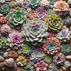  detailreiche Top-Ansicht vieler bunter Sukkulenten, die harmonisch auf einem Hintergrund mit verschiedenen Steinen verteilt sind. Geeignet f&uuml;r Natur-, Garten- und Dekorationsprojekte.