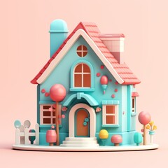 Obraz premium 3D cartoon aqua blue and coral pink house with a cute, compact, and simple design