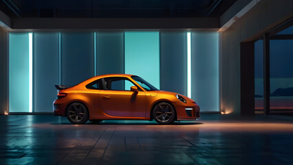 Fototapeta premium Orange Car in a garage with lighting, underground parking, parking for a car