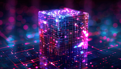 Fototapeta premium A cube with glowing lights on it is surrounded by a blurry background by AI generated image