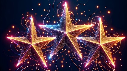 3D 3 stars with neon red and blue colors in an abstract space	