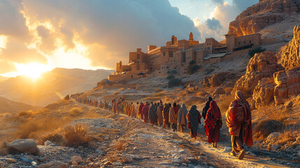 Fototapeta premium The apostles are going to preach in the Judean desert. Men walk along a sandy landscape near an ancient city. Bible times