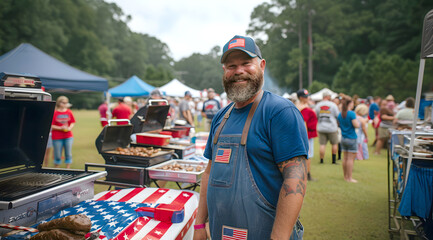 A bearded man enjoying a barbecue in a park during July 4th celebrations