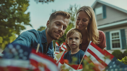 United and happy family celebrating July 4th in front of their home
