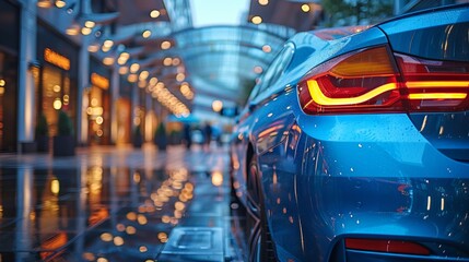 Car on the road in the rain with a blurred background at night in the city